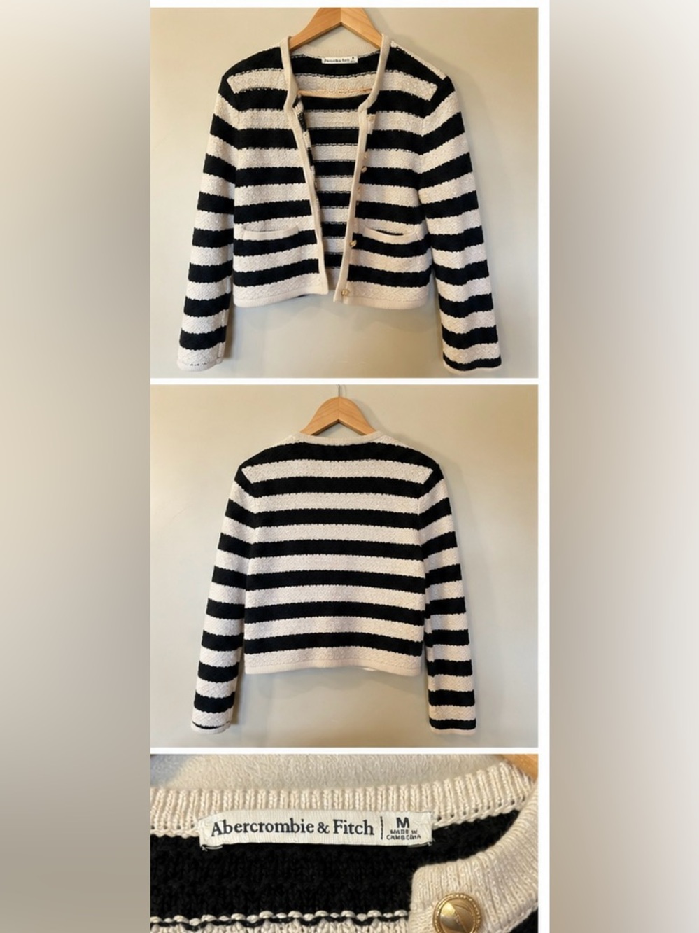 Abercrombie & Fitch Black White Striped Knit Cardigan Women’s Medium Gold Button - Picture 2 of 6